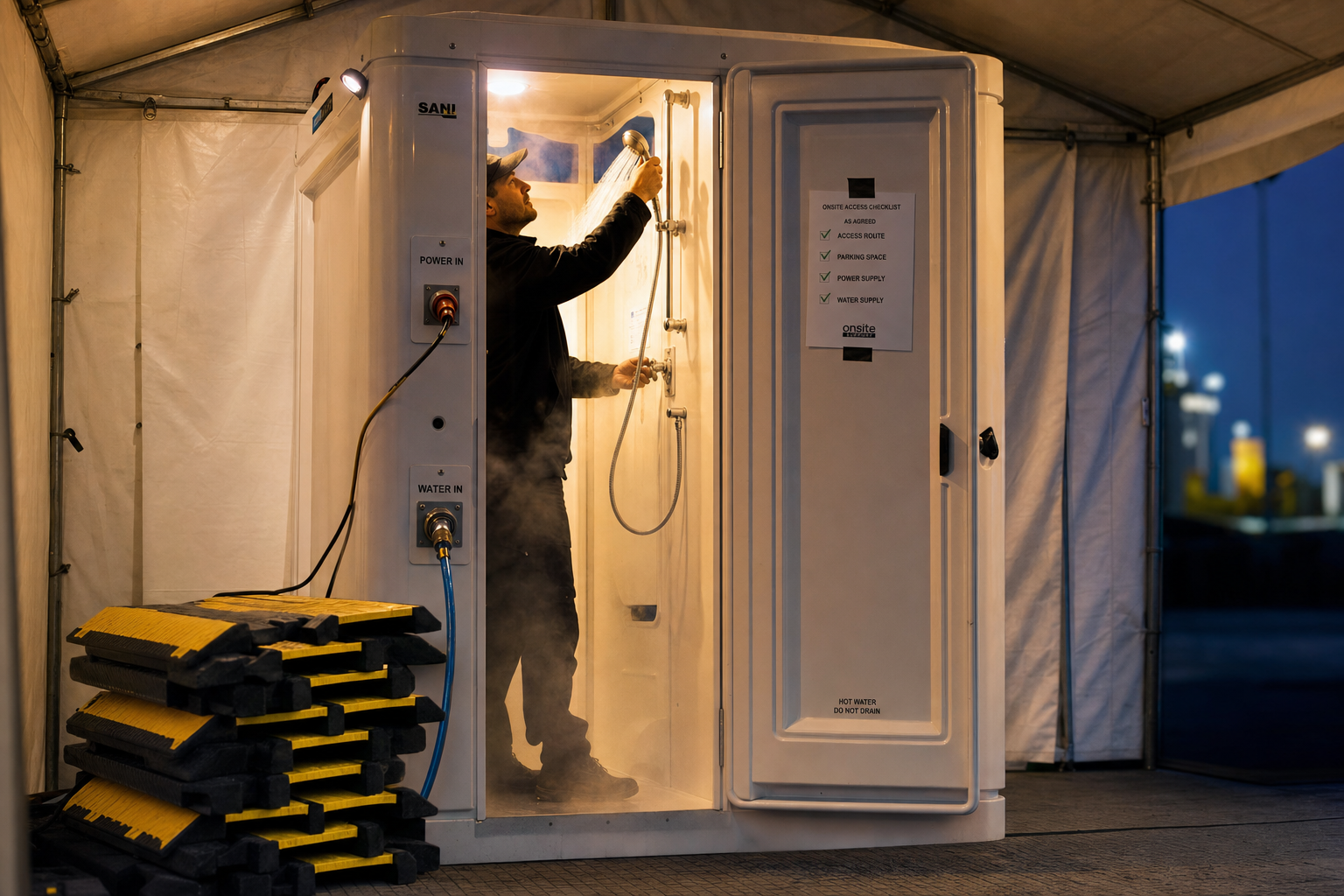 Voorbereiding plaatsing mobiele douchecabine