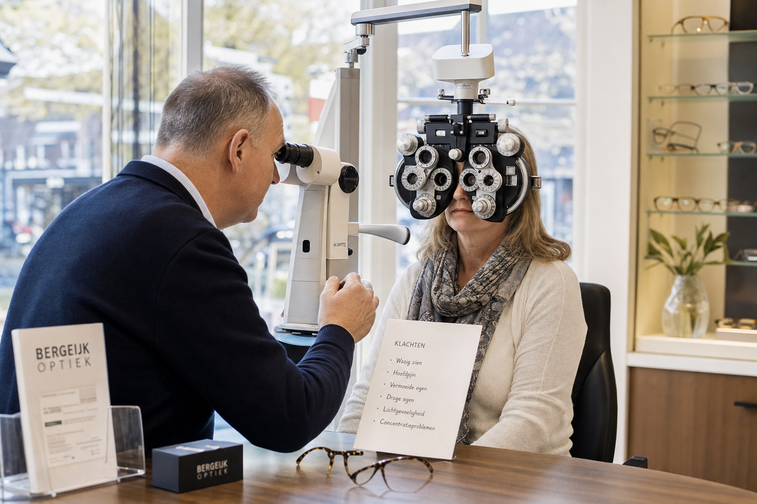 Opticien voert oogmeting uit in Bergeijk