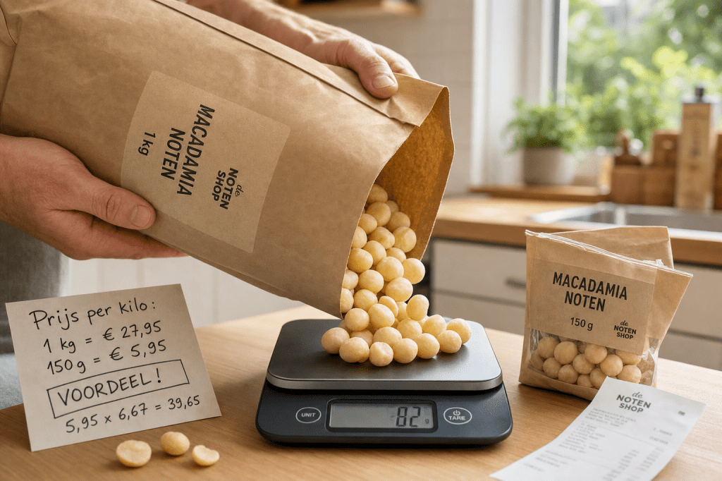 Wat is het prijsverschil tussen macadamia noten kopen per kilo versus in kleine verpakkingen, en wanneer is bulk kopen echt&nbsp;voordelig?